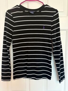 Ralph Lauren Sport Woman Size M Black & White Stripe Long Sleeve Pony Logo